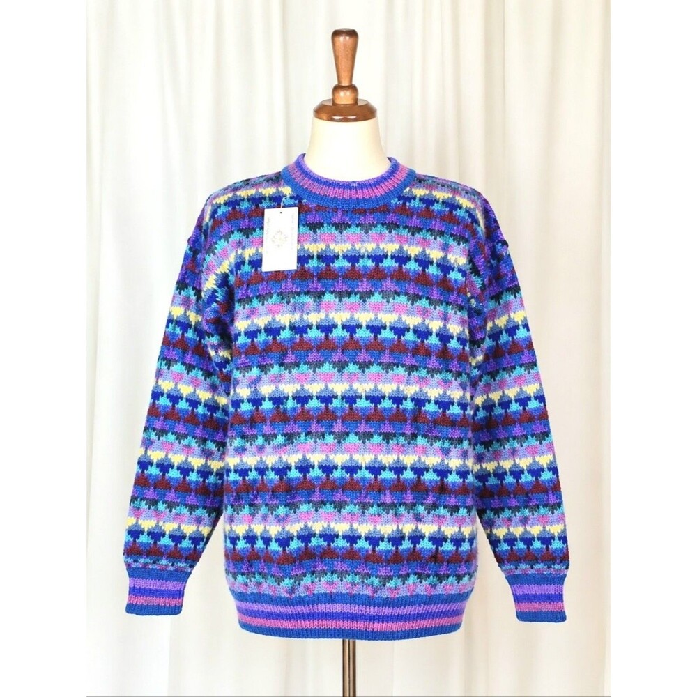 Vintage Lost Horizons Himalayan Wool Bold Rainbow Fair Isle Hand Knit Sweater